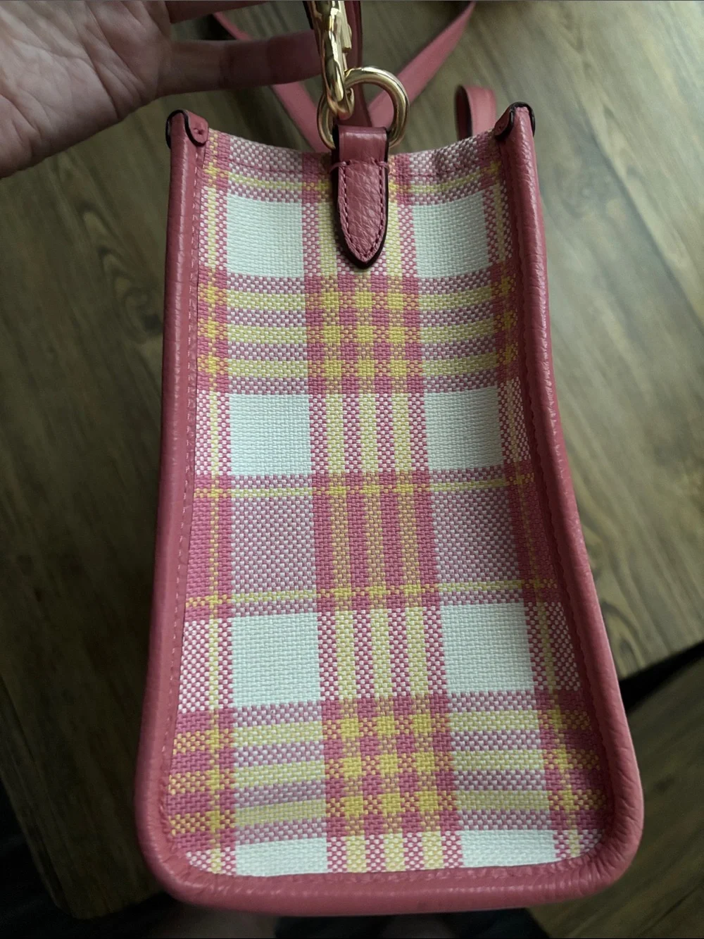 Coach Pink Plaid Canvas Tote with Leather Trim